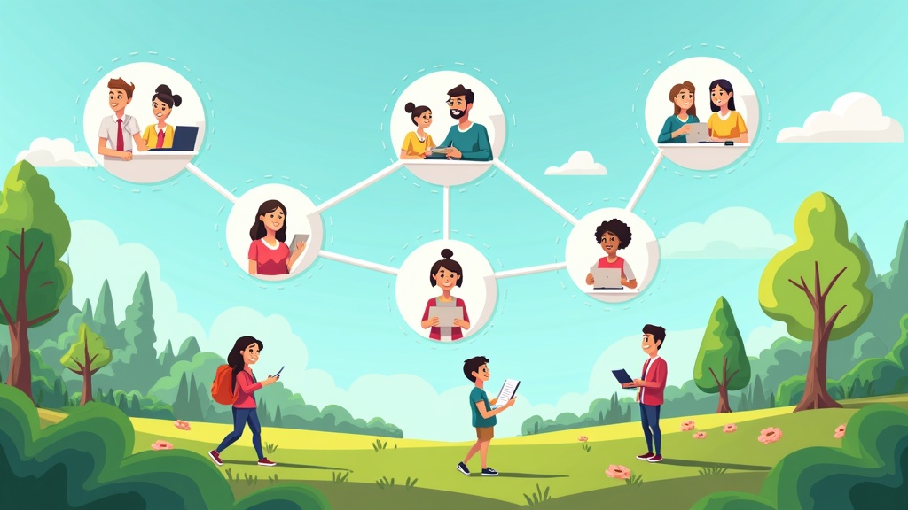 Cartoon research hub showing different types of research methodologies connecting together