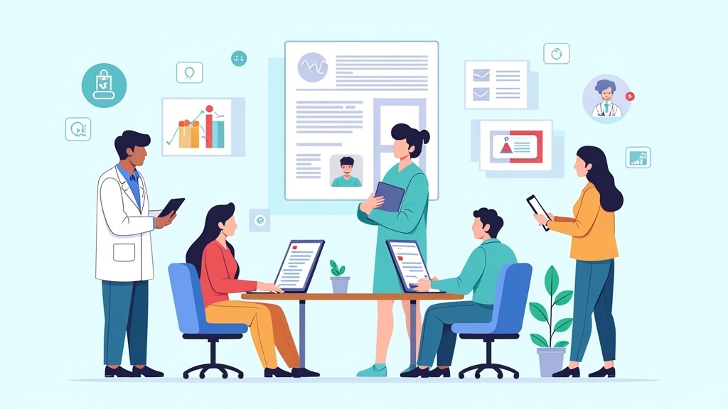 Cartoon illustration of healthcare research compliance showing HIPAA protection and patient privacy safeguards