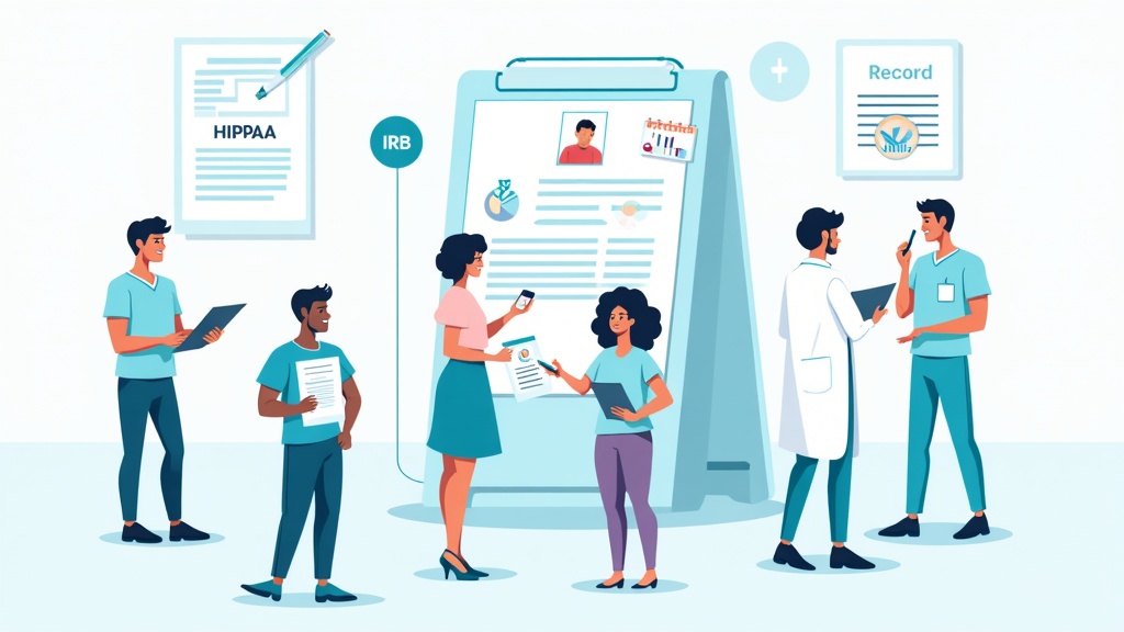 Cartoon illustration of healthcare research compliance with IRB oversight and regulatory documentation