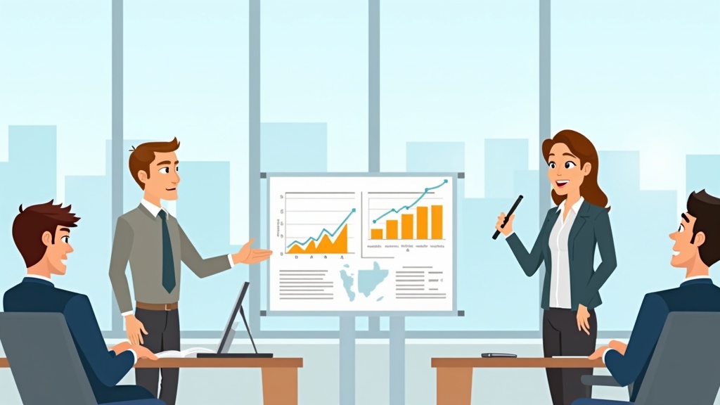 Cartoon business professionals conducting market research with charts and customer interactions