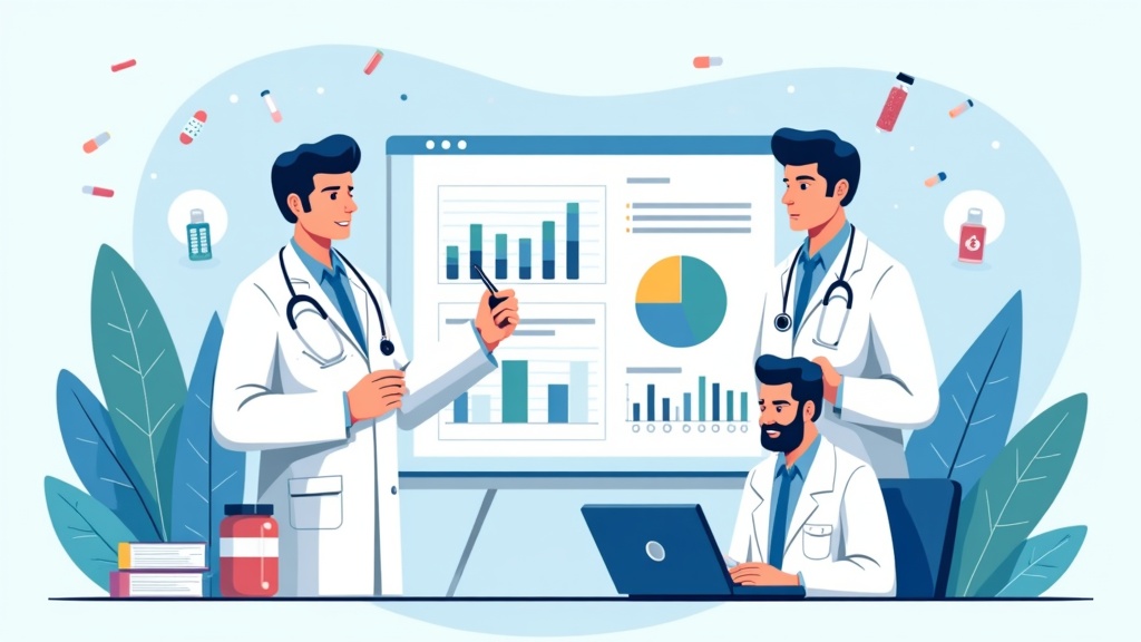 Cartoon illustration of pharmaceutical market research showing drug development research and clinical trial planning