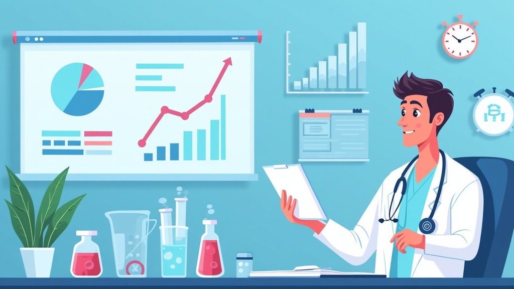 Cartoon pharmaceutical researcher analyzing drug market data with charts and lab equipment