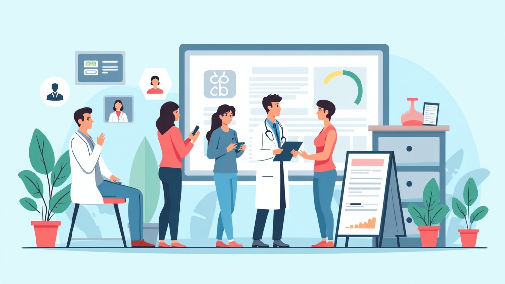 Cartoon illustration of pharmaceutical market research showing patient journey research and treatment adherence studies