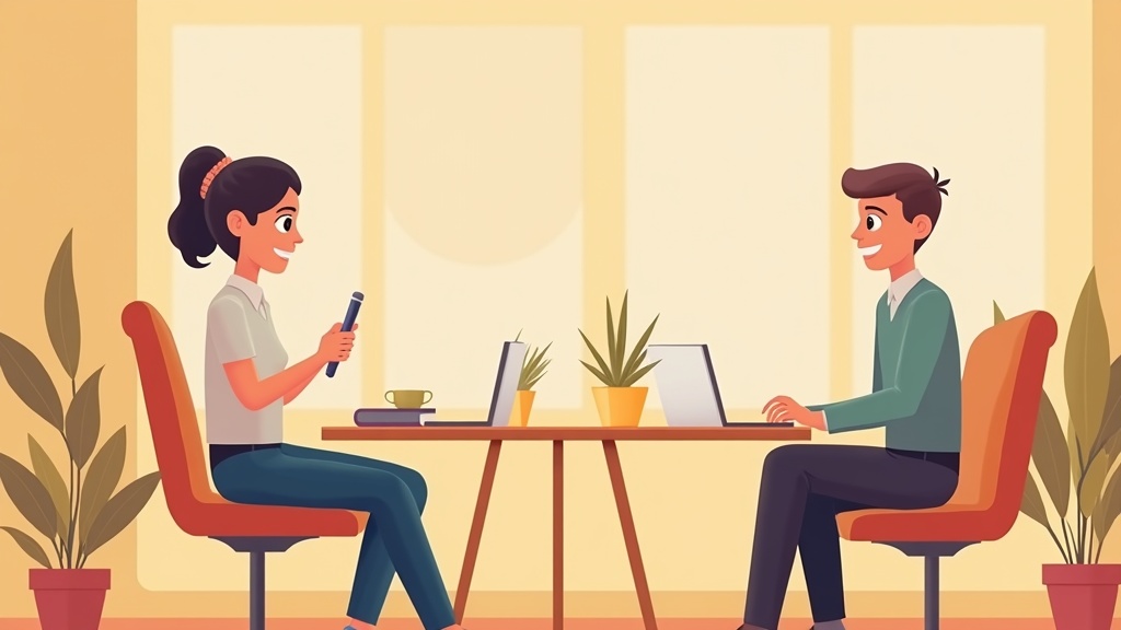 Cartoon researcher conducting face-to-face interviews with participants in friendly setting