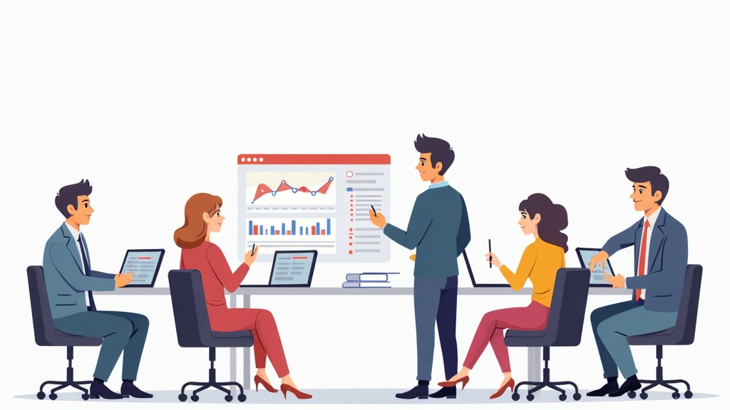 Cartoon illustration of primary market research methods showing researchers conducting surveys, interviews, focus groups, observations