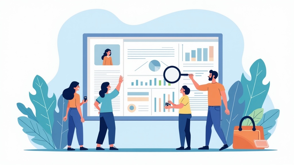 Cartoon illustration of data collection quality control and monitoring showing researchers checking data quality