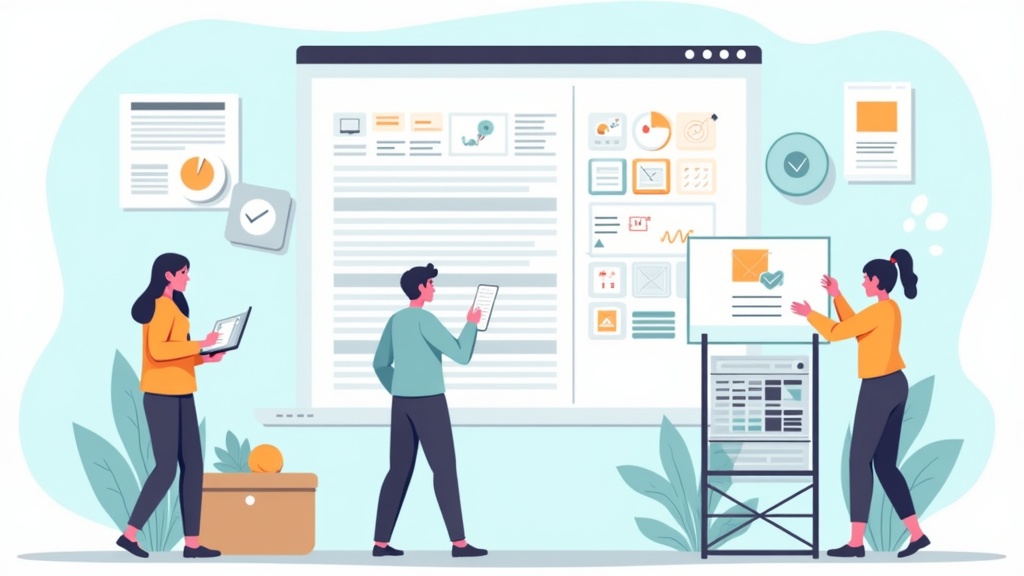 Cartoon illustration of survey design and deployment showing researchers creating questionnaires, deploying surveys, collecting responses