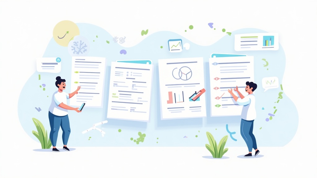 Cartoon illustration of customizable research templates showing different template types being adapted and customized