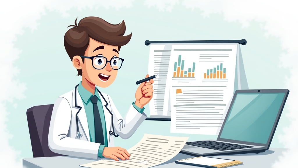 Cartoon illustration of case study research showing detailed examination of specific instances with researcher analyzing documents and data