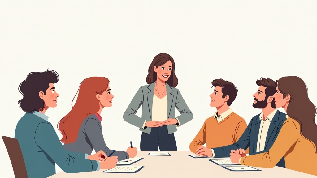 Focus groups qualitative research method with moderator facilitating group discussion and participants sharing insights