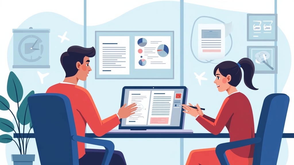 Cartoon illustration of digital collaboration tools for research validation with researcher and participant reviewing documents together on screens