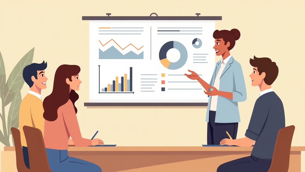 Illustration of a researcher showing research findings to participants for validation in a friendly meeting