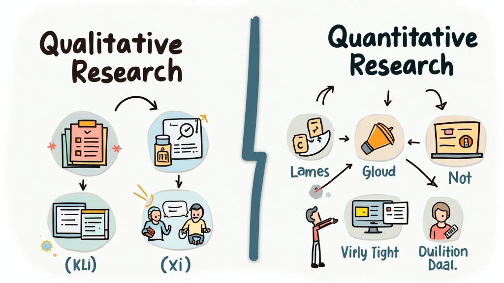 Cartoon illustration comparing qualitative versus quantitative research showing side-by-side comparison of methods, data types, analysis approaches