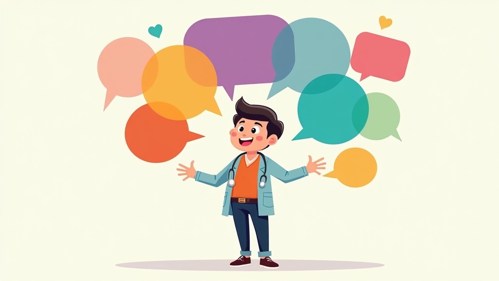 Cartoon researcher with multiple colorful speech bubbles containing different types of research questions