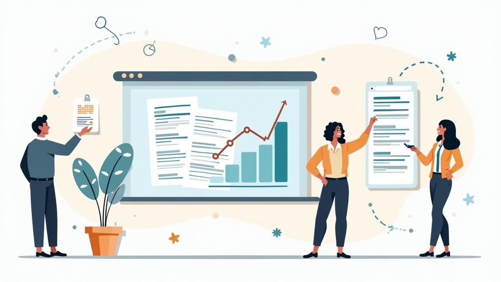 Cartoon illustration of service provider evaluation and vendor selection process with researchers comparing proposals