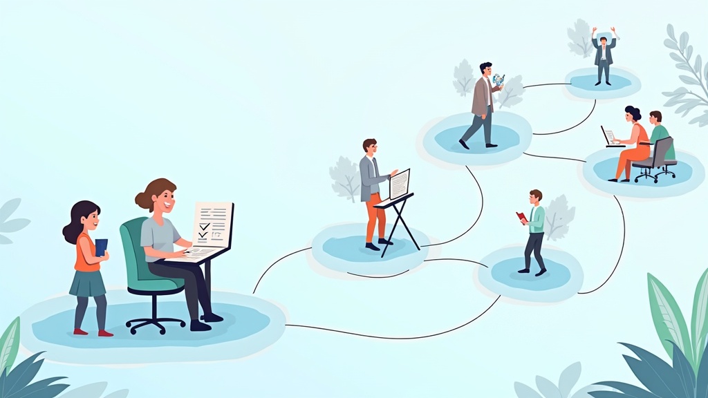 Illustration showing research findings being successfully applied across different contexts and settings, connected by flowing lines