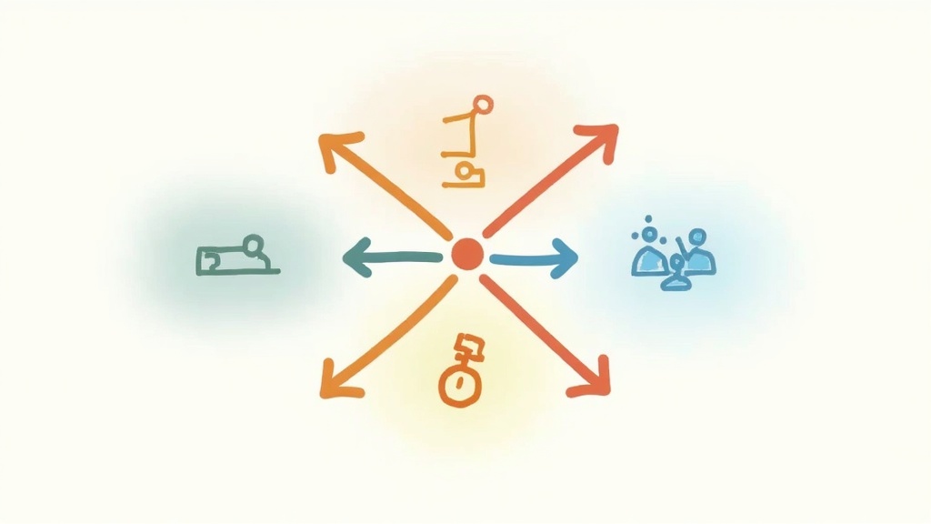 Cartoon illustration of triangulation in qualitative research showing three different research methods converging on a central finding