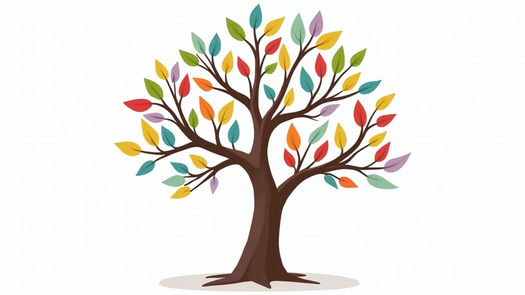 Cartoon taxonomy tree diagram of qualitative research methods with colorful branches