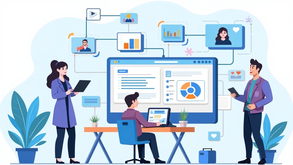 Cartoon illustration of building research tech stack showing researchers selecting and integrating tools, connecting platforms, building workflows